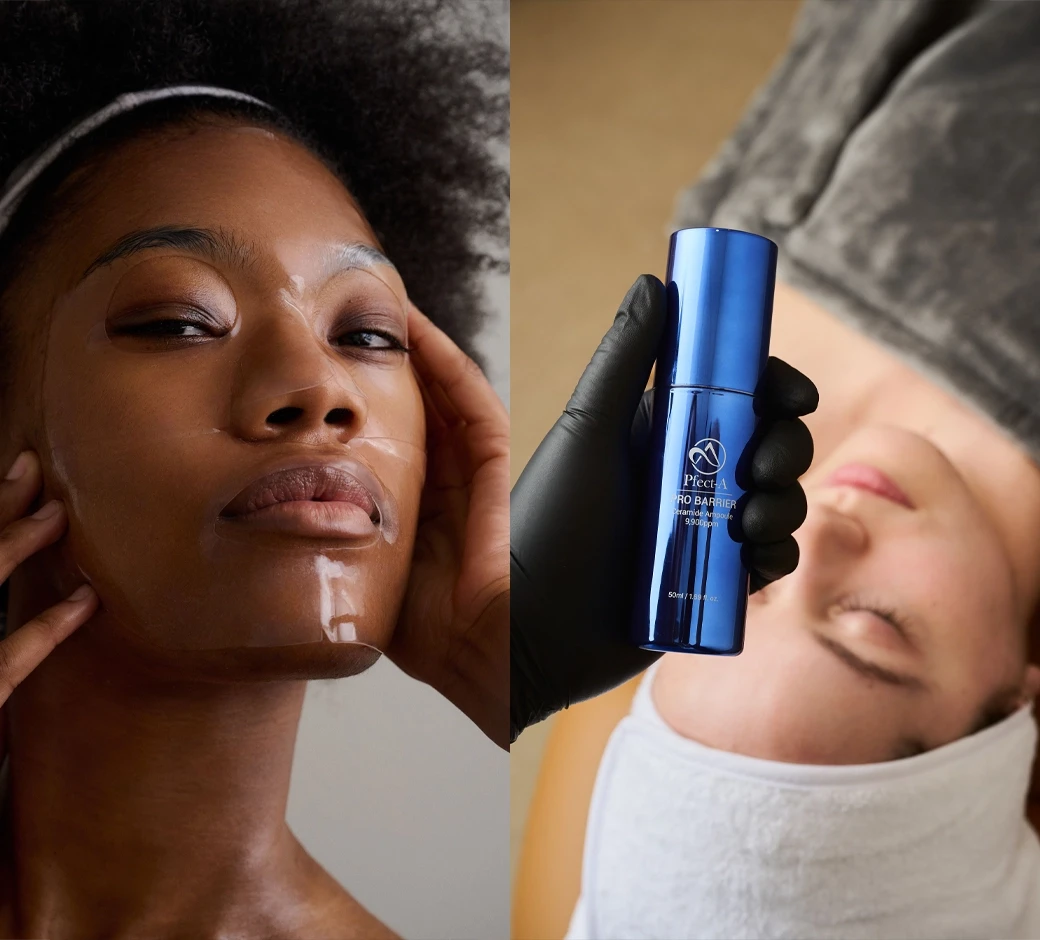 Client wearing a hydrating gel mask beside an Aphrodite Esthetics esthetician holding the Pfect-A Pro Barrier Ceramide Ampoule during a barrier repair facial