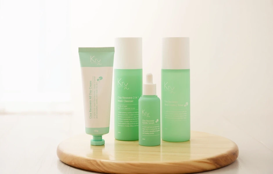 Krv Aesthetics Cica Recovery skincare line, including the All Day Cream, 2 in 1 Mask Cleanser, Gentle Serum, and Soothing Toner, part of Aphrodite Esthetics' fall barrier repair routine