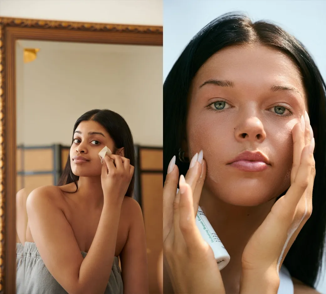 Woman applying toner with a cotton pad and a hydrating barrier cream to her face, part of a simple skincare routine recommended by Aphrodite Esthetics